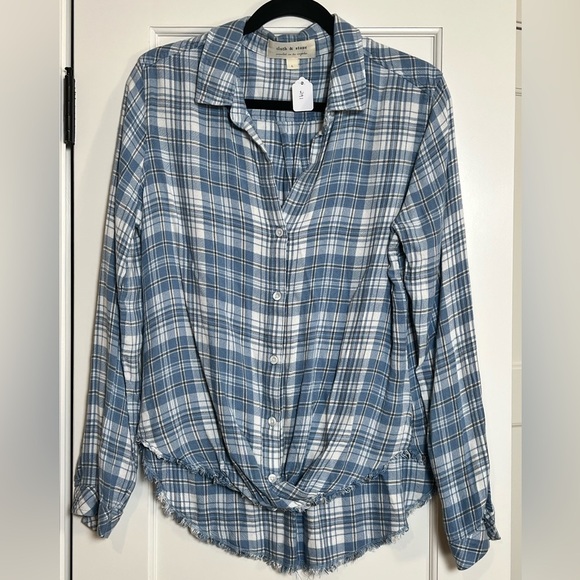 Anthropologie Cloth & Stone Light Blue Twist Front Plaid Shirt (Large) - Picture 1 of 3